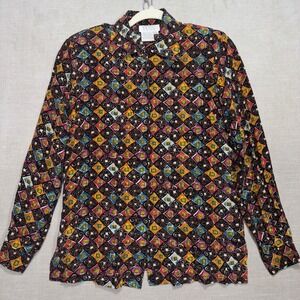 Vtg‎ Tess 100% Silk Womens Geometric Button Top M Long Sleeve Artsy Statement